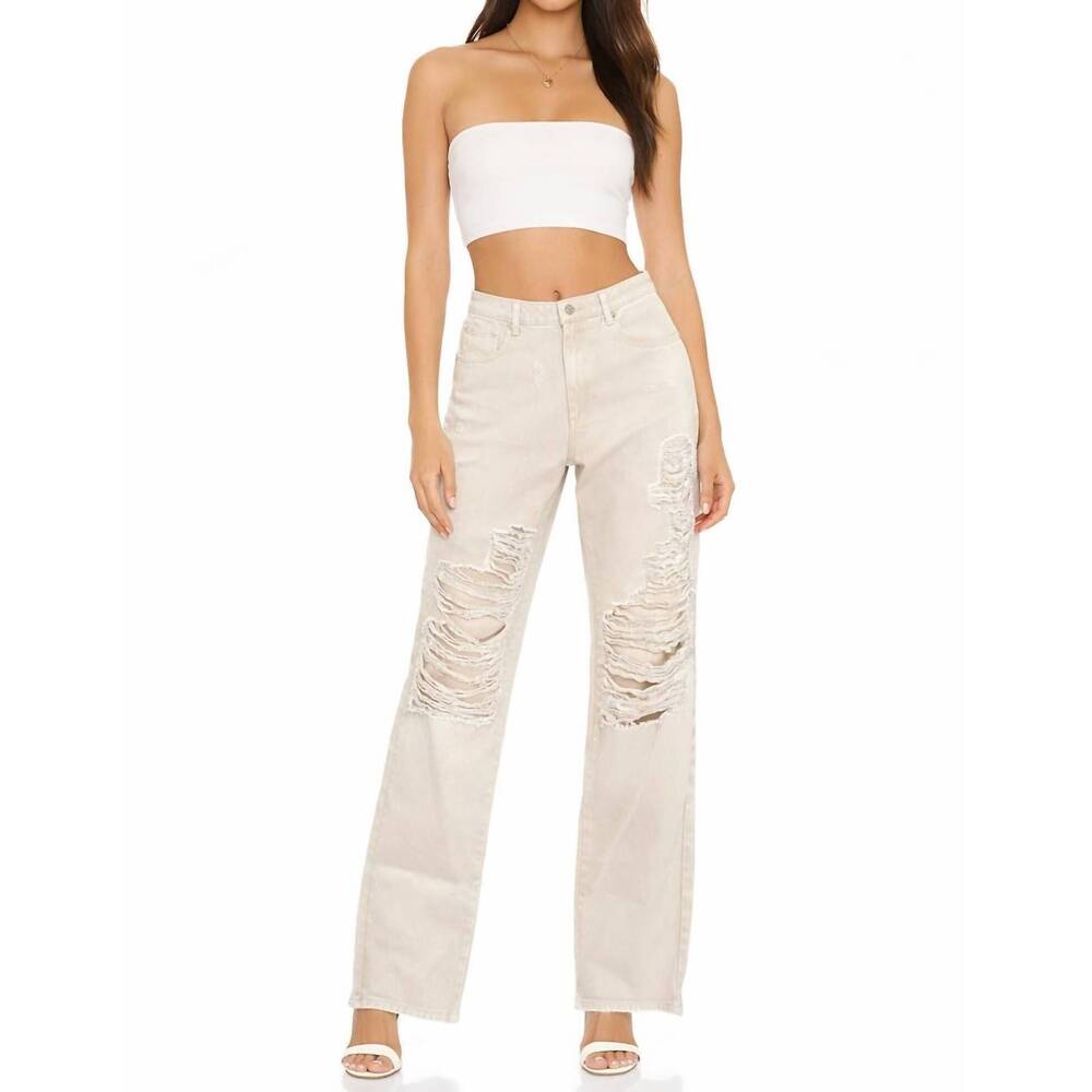 NEW SER.O.YA distressed straight-leg jeans in light beige
